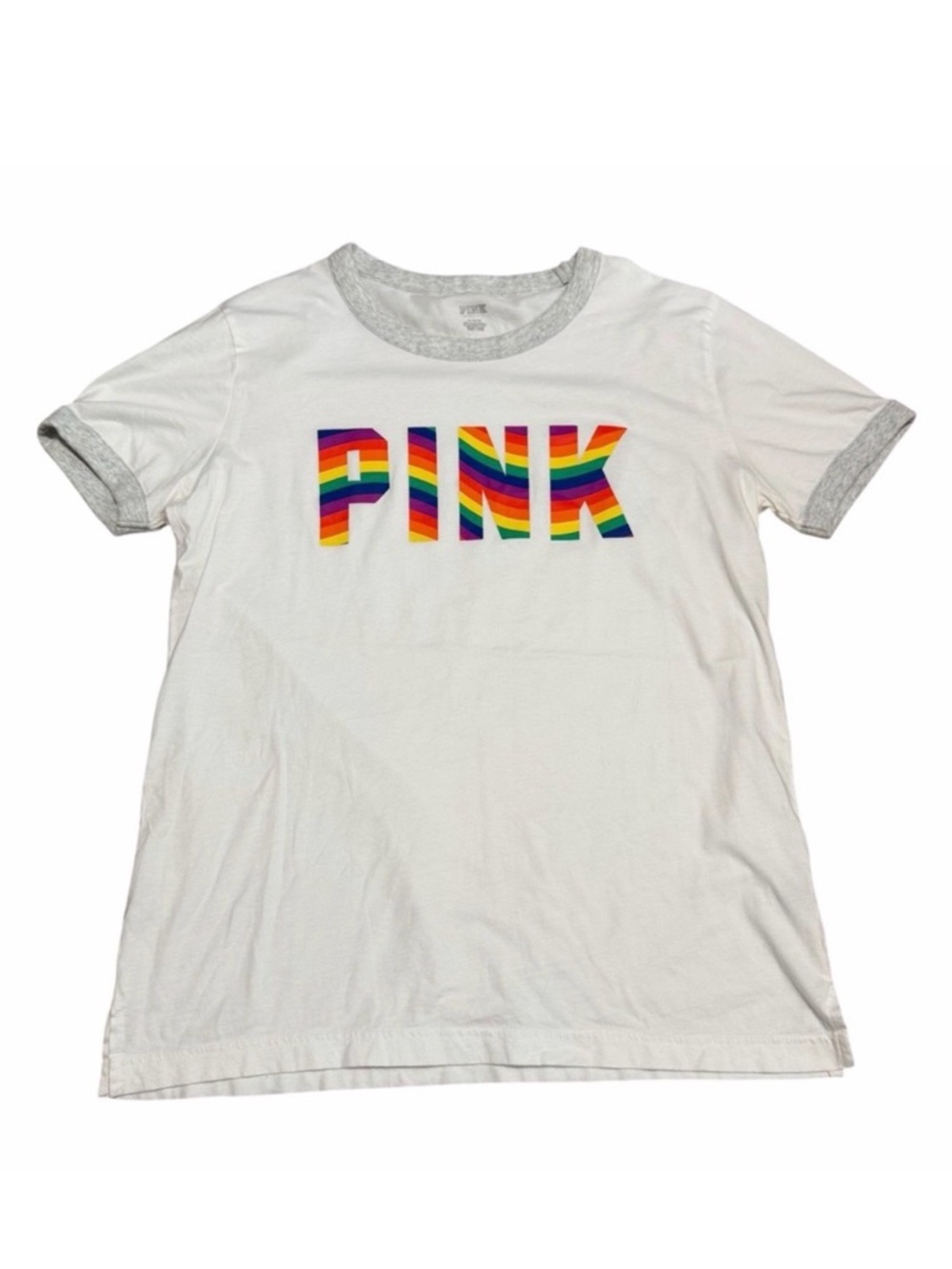 VS PINK Campus Short Sleeve Ringer Tee | Rainbow Pride PINK Logo | Size Medium